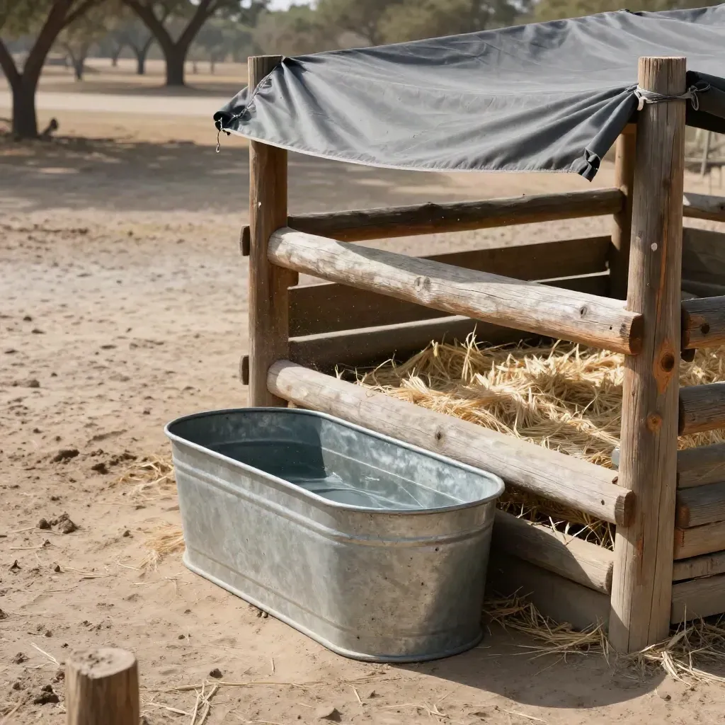 Rincón de santuario con bebedero lleno, valla reparada y cama de paja limpia bajo sombra nueva.