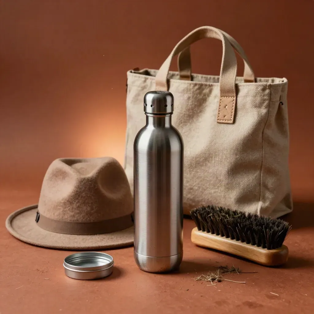 Kit de viaje ético con botella, sombrero, bolsa, cepillo y pastillero sobre lona terracota.