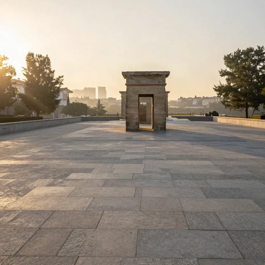 Madrid al amanecer con el Templo de Debod y una terraza de piedra en bruma dorada.