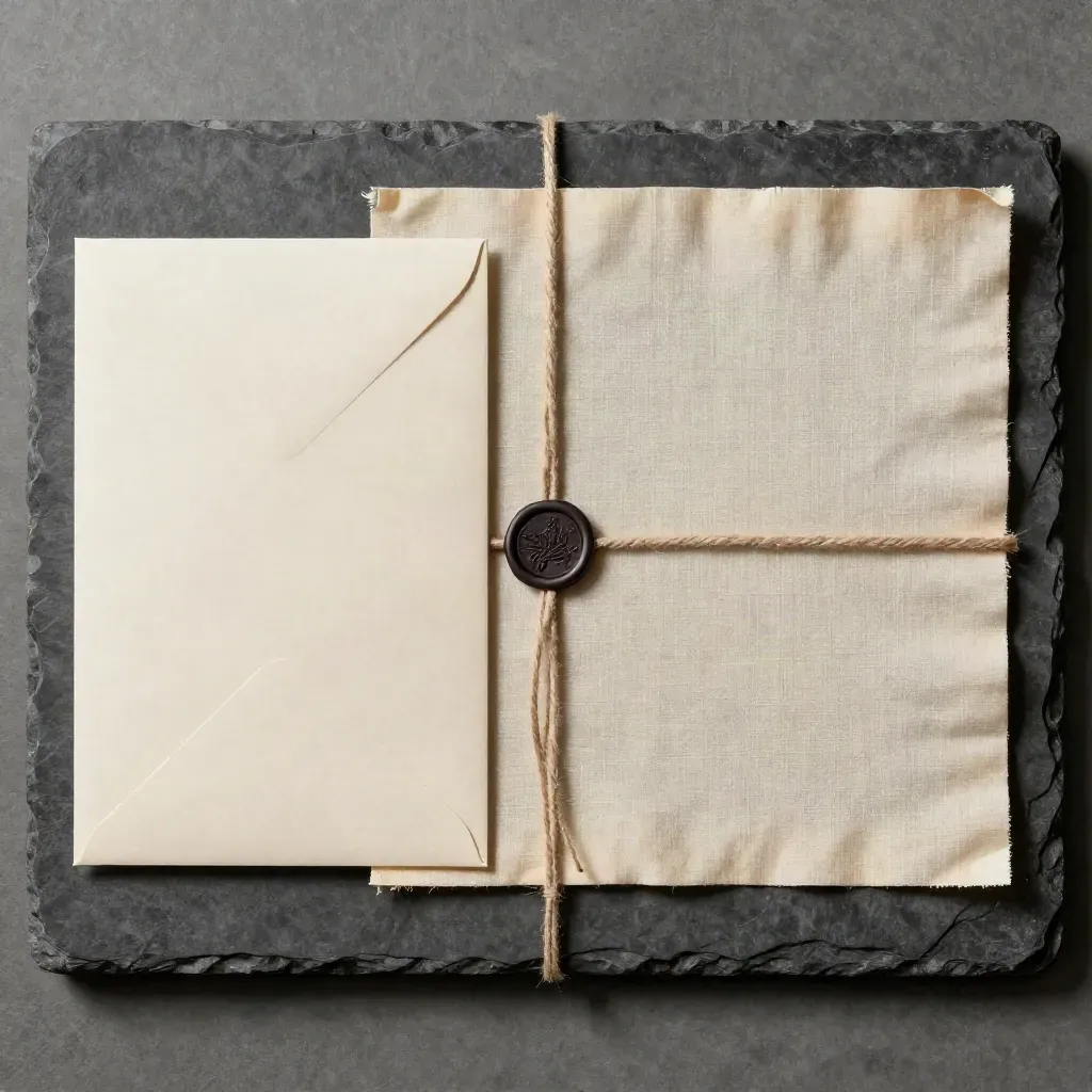 Sobre, carpeta atada con cordel, sello de cera y lino sobre piedra gris, vista cenital.
