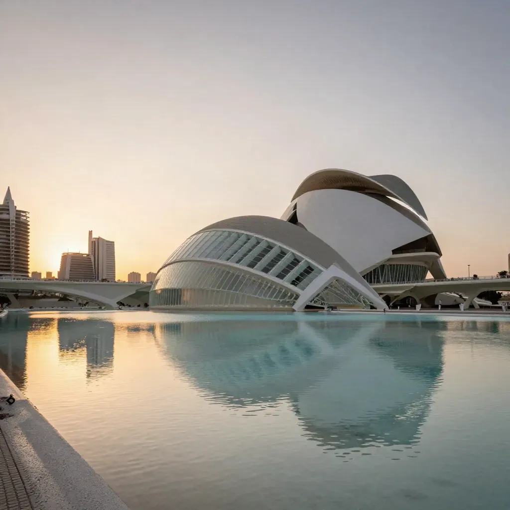 La Ciudad de las Artes y las Ciencias al atardecer sobre agua tranquila y bruma dorada.